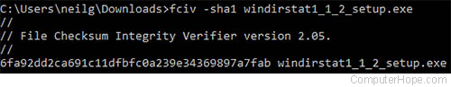 Running FCIV to calculate the SHA1 hash of the WinDirStat installer