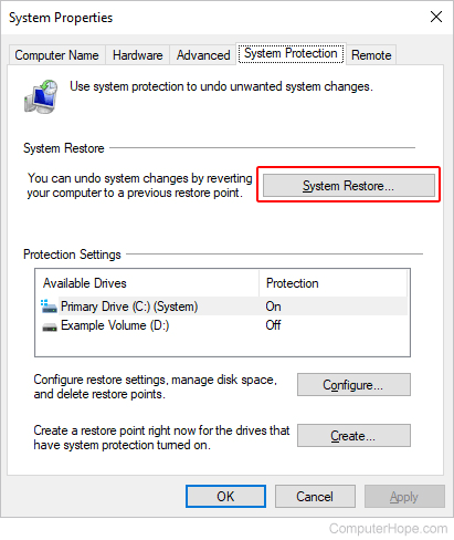 System restore button Windows 10