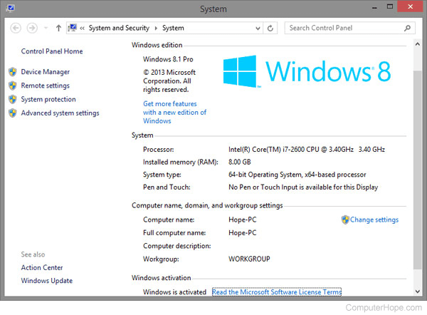 Windows 8 System Properties