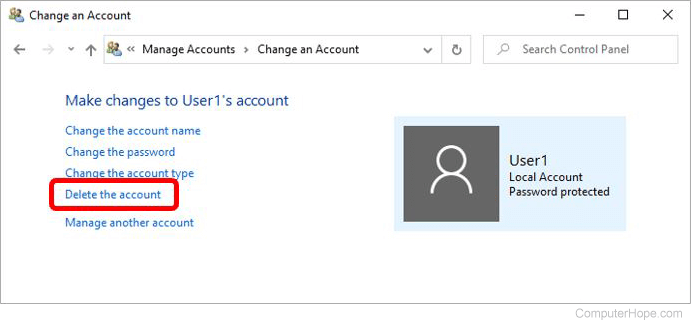 Delete user account in Windows