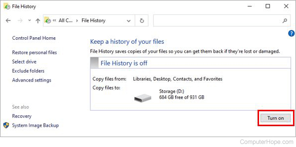 Turn on File History feature in Windows 8, 10, and 11