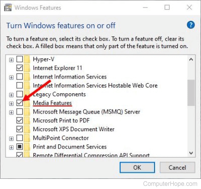 Check the Media Features option in the Windows Features utility