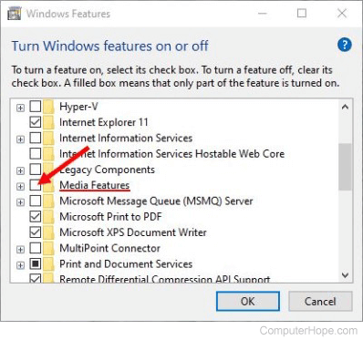 Uncheck the Media Features option in the Windows Features utility