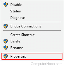 Network properties selector in Windows.