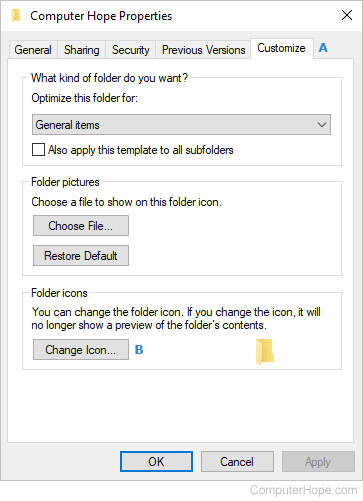 Customize tab in Windows properties.