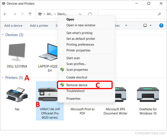 Removing a printer in Microsoft Windows.