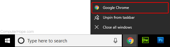 Menu that appears when users right-click a taskbar shortcut.