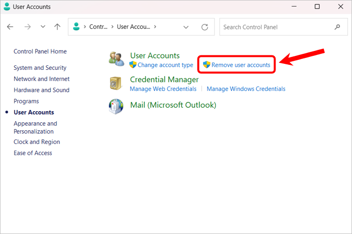 Remove user account link in Windows 11.