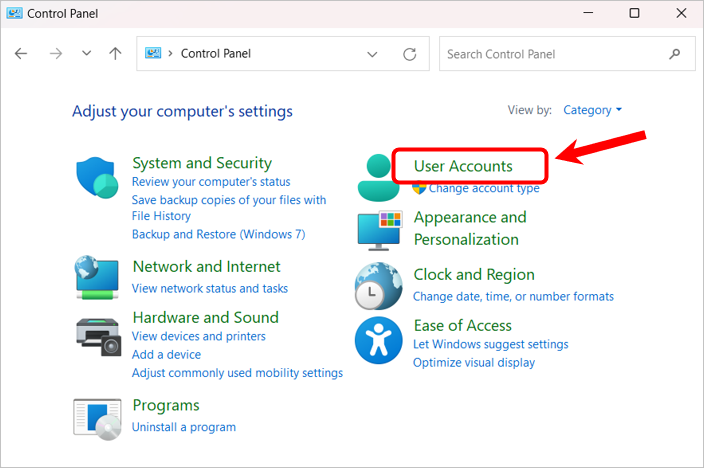 User Account option in the Windows 11 Control Panel.