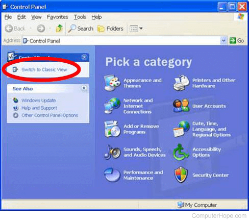 Classic View link in Windows XP Control Panel.