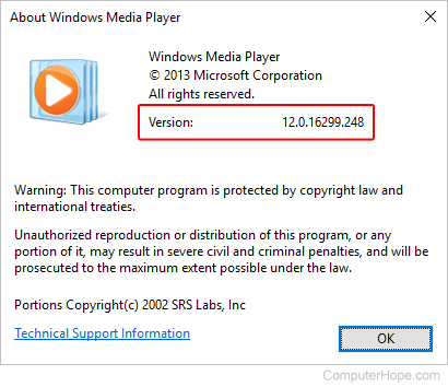 Window that shows which version of Windows Media Player is installed on a computer.