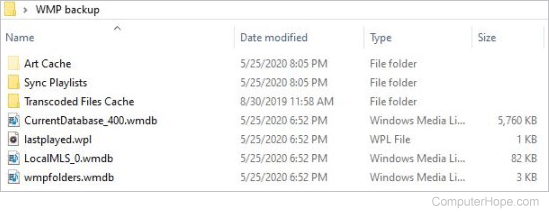 Backup copy of Windows Media Player configuration and playlist files