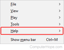 Selector for the Help menu in Windows Media Player.