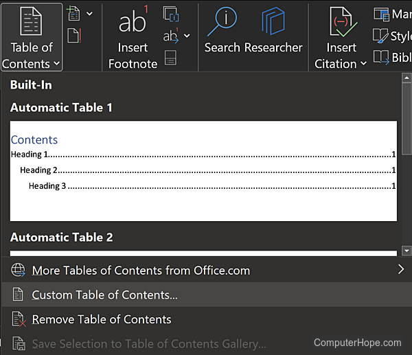 Custom Table of Contents option in Microsoft Word.