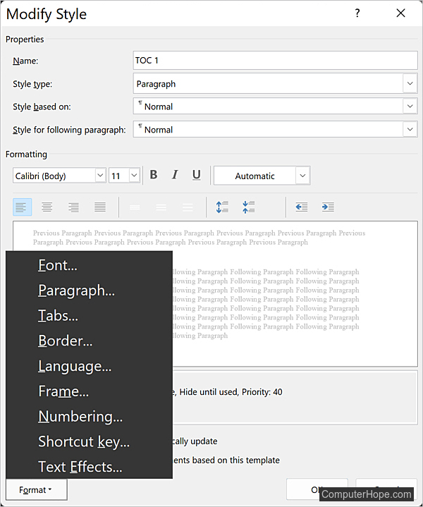 Modify Style window in Microsoft Word, to modify a table of contents formatting.