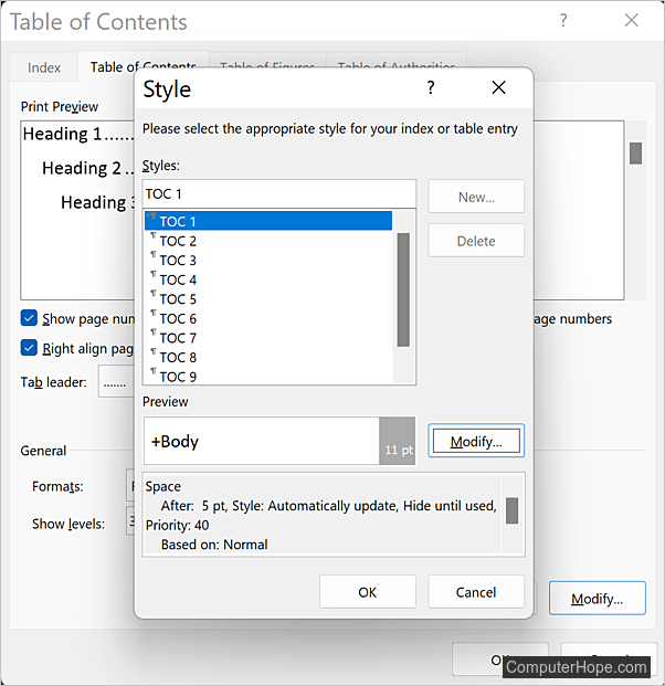 Table of Contents Style selections window in Microsoft Word.