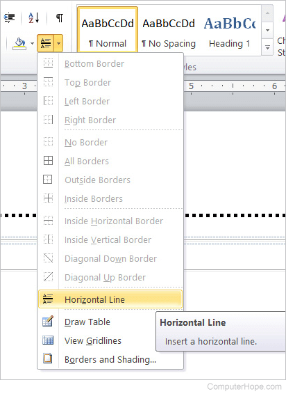 Horizontal Line tool in Microsoft Word