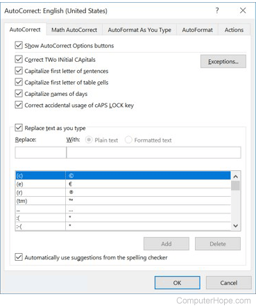 Microsoft Word 2016 AutoCorrect settings