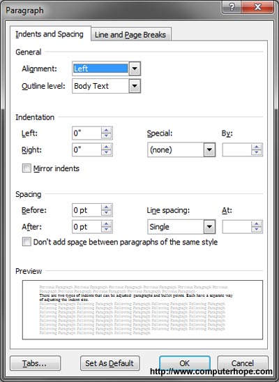 Absatzfenster von Microsoft Word