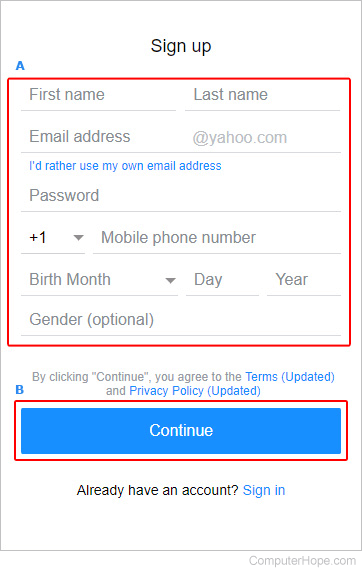 Page users enters their information to sign up for a Yahoo! account.