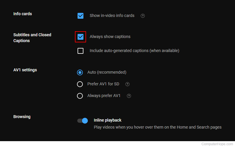 Toggling the Always show captions feature on YouTube.