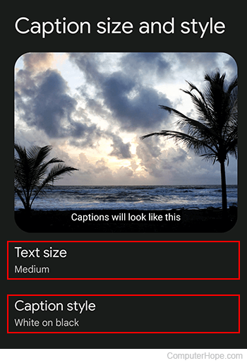 Text size and Caption style selectors on YouTube mobile.