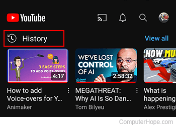 History selector on YouTube mobile.