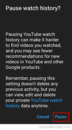 Confirming pausing watch history on YouTube.
