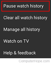 Pausing watch history on YouTube mobile.