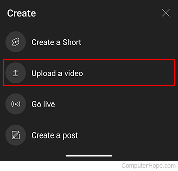 Upload a video selector on YouTube mobile