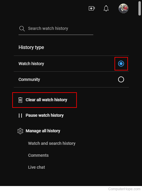 Clearing all watch history on YouTube.