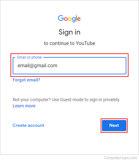 Entering a Gmail address to create a YouTube account.