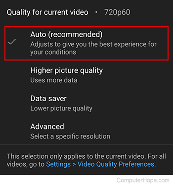 Choosing a quality setting for playback on the YouTube mobile app.