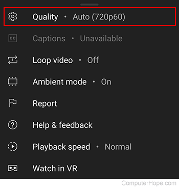 Quality selector on YouTube mobile.
