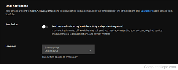YouTube e-mail notifications settings.