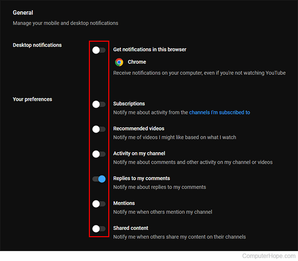 YouTube general notification settings.