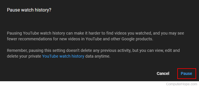 Confirming pausing history on YouTube.