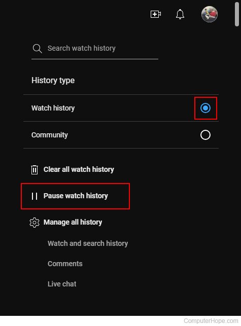 Pausing watch history on YouTube.