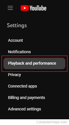 Playback and performance selector on YouTube.