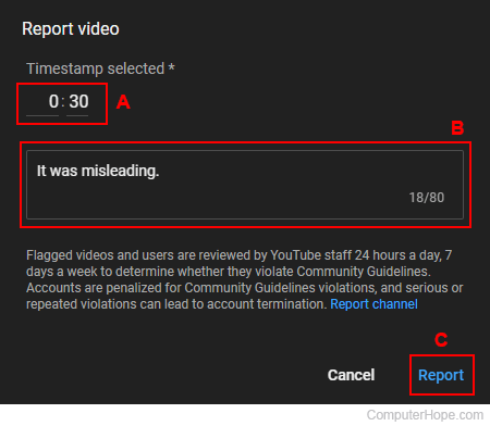 Detailing report reason on YouTube.