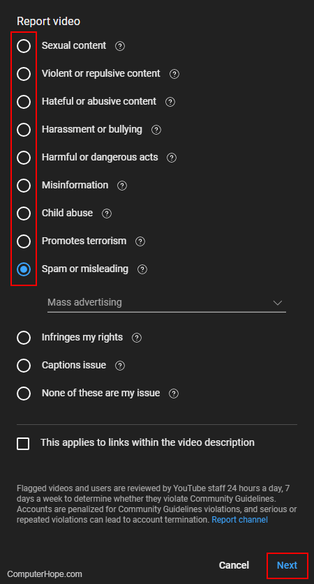 Choosing a reporting reason on YouTube.