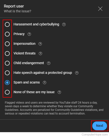 Reason for reporting a channel on YouTube.