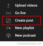 Create post option on YouTube Studio.