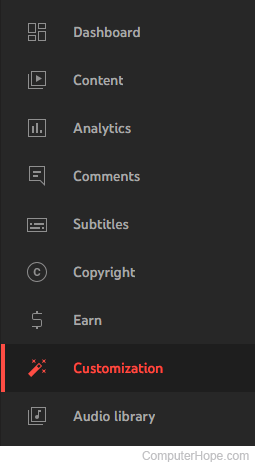 YouTube Studio Customization selector.