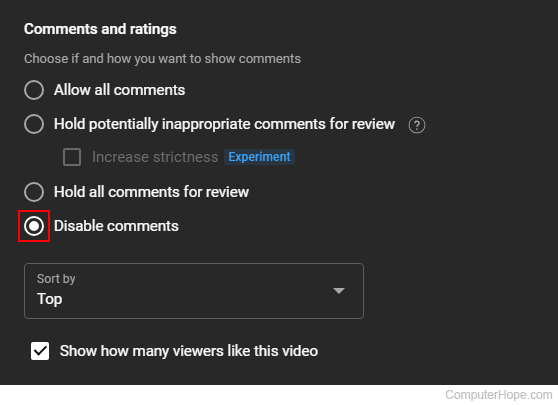 Disabling comments on a YouTube video.