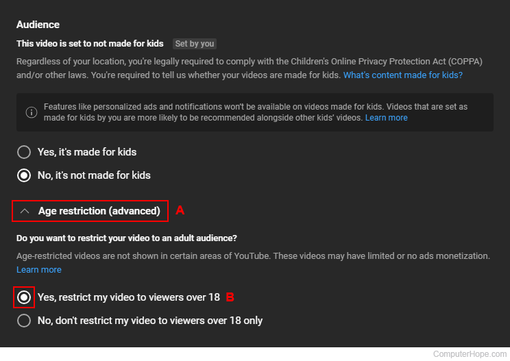 Adding age restrictions to a YouTube video.