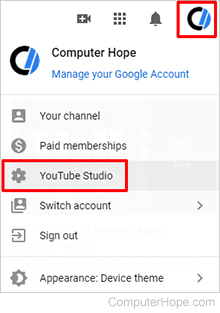 YouTube Studio selector.
