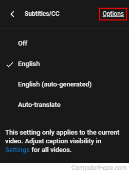 Options link on YouTube Subtitles/CC menu.