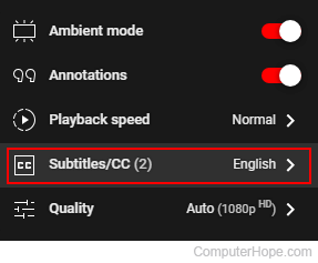 Subtitles/CC selector on YouTube.