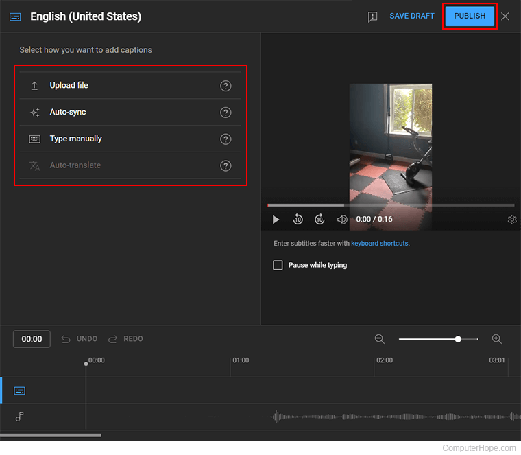 Subtitle upload options on YouTube.